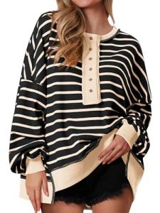 PRETTYGARDEN Womens Fall 2025 Striped Oversized Sweatshirt Long Sleeve Button Up Henley Neck Waffle Knit Pullover Tunic Tops(Striped Black Beige,Medium)