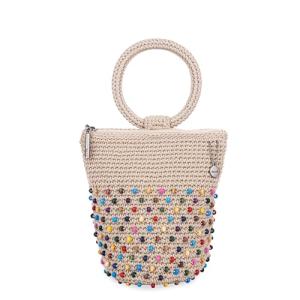 The Sak Ayla Ring Handle Pouch in Crochet, Detachable Ring Handle, Ecru Multi Beads