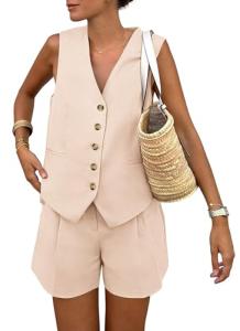 PRETTYGARDEN Summer 2 Piece Outfits Sets for Women Button Down Deep V Neck Vest Waistcoat Sleeveless Tops Shorts with Pockets (Beige,Large)