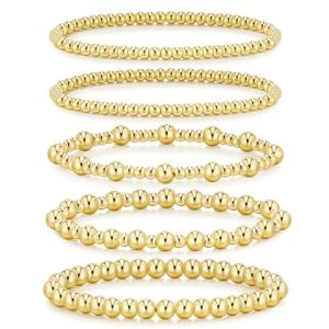 adoyi Gold Bracelets for Women, 14K Gold Plated Beaded Stretch Bracelet Strand Bead Ball Bracelets stack Set Trendy Adjustable Non Tarnish Jewelry Sets for Womens Gifts