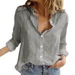 Women's Linen Blouses Women's V-Neck Solid Color Casual Loose Long Sleeved Button Down Linen Shirt Top Grey Womens Top X-Large