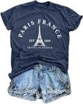Paris France Shirt Women Eiffel Tower T Shirt Travel in France Tshirts Vacation Tees Paris Tops Darkblue