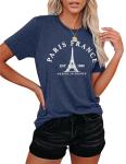 Paris France Shirt Women Eiffel Tower T Shirt Travel in France Tshirts Vacation Tees Paris Tops Darkblue