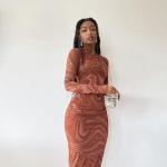4UFIT Women's Printed Round Neck Backless Slim Fit Long Sleeve Bodycon Maxi Dress