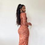 4UFIT Women's Printed Round Neck Backless Slim Fit Long Sleeve Bodycon Maxi Dress