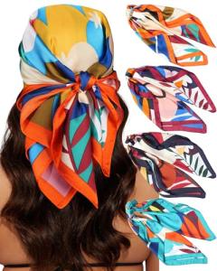 CHLINS 4 PCS 27.5 Inches Satin Head Scarf Silk Scarf for Women Lightweight Hair Bandanas Head Scarves Neck Scarf Hair Wrap (Green+Black+Brown+Orange)