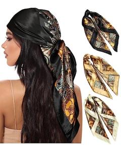 AWAYTR 35” Large Square Satin Head Scarf - 3Pcs Satin Hair Scarves Silk Bandana Scarf Headscarf Silk Feeling Scarf for Women (Cashew(camel/Black/Beige))