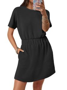 ANRABESS Womens Dresses 2025 Summer Casual Short Sleeve Crew Neck Elastic Waist Mini T Shirt Dress with Pockets Black Medium