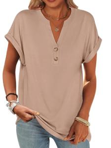 ANRABESS Womens Short Sleeve Henley Tops V Neck Dressy Casual Loose Fit Shirts Summer Flowy Blouses 2025 Trendy Clothes Khaki XL