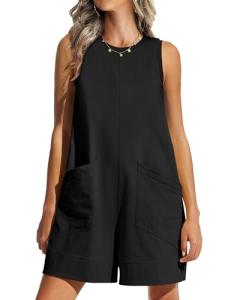 ANRABESS Womens Romper Casual Loose Sleeveless 2025 Summer One Piece Outfit Crewneck Short Jumpsuit Overall Outfits & Pockets Black Large
