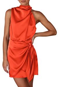 PRETTYGARDEN Women's Short Formal Satin Dress Summer Sleeveless Mock Neck Tie Waist Cocktail Party Dresses (Orange,X-Large)