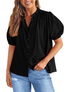 PRETTYGARDEN Women's Summer Button Down Shirts Short Lantern Sleeve V Neck Cotton Cute Dressy Casual Ladies Tops Blouses (Black,Medium)