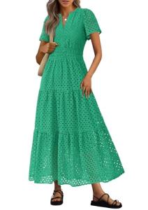 PRETTYGARDEN Womens 2025 Summer Maxi Dress Short Sleeve V Neck Hollow Out Eyelet A Line Long Flowy Beach Vacation Dresses (Green,Large)