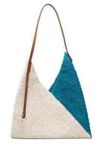 Sensi Studio, Two Tone Handbag, Unique, Turquoise-Natural Straw/Camel Leather Handle