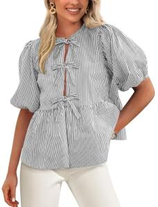 PRETTYGARDEN Women's Tie Front Striped Shirt 2025 Summer Trendy Fashion Cute Babydoll Tops Peplum Puffy Sleeve Blouse (Black,Large)