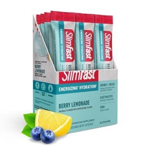 SlimFast Hydration Packets, Intermittent Fasting Electrolytes, Drink Mix Packets, Intermittent Fasting Powder, Energy Powder Drink Mix, Caffeine, Electrolytes for Hydration, Berry Lemonade (12 Count)