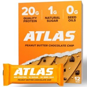 Atlas Protein Bar – 20g Clean Protein, 1g Natural Sugar, No Seed Oils, Gluten Free, No Artificial Sweeteners, Peanut Butter Chocolate Chip, 12 Count