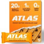 Atlas Protein Bar – 20g Clean Protein, 1g Natural Sugar, No Seed Oils, Gluten Free, No Artificial Sweeteners, Peanut Butter Chocolate Chip, 12 Count