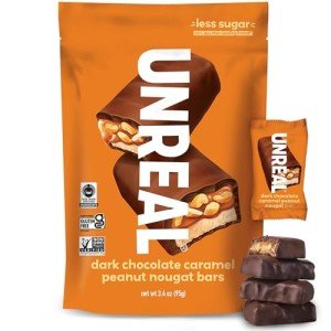 UNREAL Dark Chocolate Caramel Peanut Nougat Bars (1 Bag), 70% Organic Ingredients, Fair Trade, Non-GMO, No Corn Syrup, Sugar Alcohols, Soy, 3.4oz