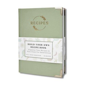 The Kikaze Collection | Leather Blank Recipe Notebook | 8.4” x 6” Hardcover Recipe Book to Write in Your Own Recipes | Heirloom Gift Sage Green & Gold Journal | 60 Recipes | Tabs, Pocket, Stickers & Bookmarks