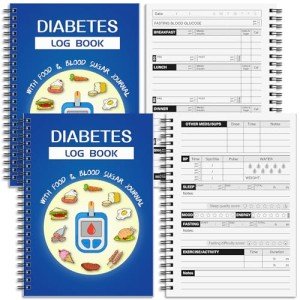 Affrolling 2 Pcs Diabetes Daily Log Book, Blood Sugar Log Book Diabetes Food Journal for Types 1 & 2 Tracking Blood Sugar Glucose Carbs Calories, A5 Spiral Bound