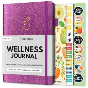 Life & Apples Wellness Journal Planner – Food Log, Fitness Tracker, Habit Tracker, Weight Loss Journal for Diet Tracking and Health Goals, Undated, Size A5 Purple