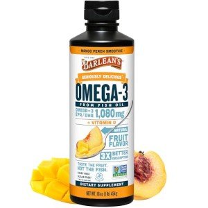 Barlean's Mango Peach Omega 3 Fish Oil Liquid Supplement with Vitamin D, 1080mg EPA & DHA Fatty Acid, Smoothie Flavored & Burpless for Brain, Joint, & Heart Health, 16 oz