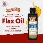 Barlean's Organic Lignan Flaxseed Oil Liquid Supplement from Cold Pressed Flax Seeds, 7,230 mg ALA Omega-3 Fatty Acids for Healthy Hair, Skin, and Eyes, Gluten Free, 12 oz
