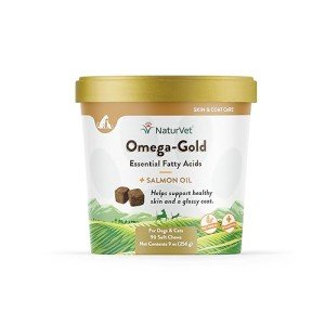 NaturVet – Omega-Gold Plus Salmon Oil | Supports Healthy Skin & Glossy Coat | Enhanced with DHA, EPA, Omega-3 & Omega-6 | for Dogs & Cats | 90 Soft Chews