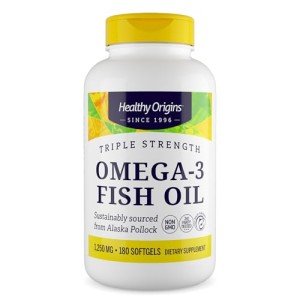 Healthy Origins Triple Strength Omega 3 Fish Oil 1250mg from Wild Alaska Pollock, with DHA, EPA & Omega 3s, Gluten-Free Non-GMO 180 Softgels