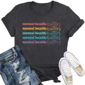 IFQ Women's Mental Health Matters Shirt Self Care Crewneck T-Shirt Inspirational Letter Print Tee Grey