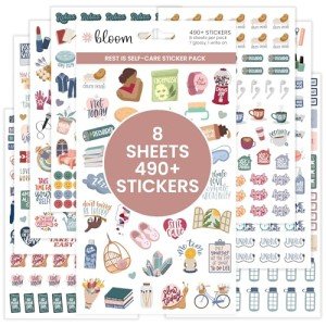 Bloom Daily Planners Rest is Self-Care Planner Sticker Pack - 8 Sheets / 490+ Stickers - Relaxation Themed Illustrations for Mental Health & Wellness - Journaling, Scrapbooking, Planning