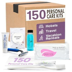 Personal Care Travel Toiletries | 1-Shoppe Amenities Kit | Travel Shaving Set, Toothbrush & Paste, Mouthwash, Makeup Wipes, Swabs, Nail File & Sewing Kit | 150 Pieces