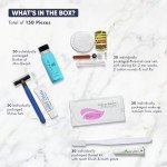Personal Care Travel Toiletries | 1-Shoppe Amenities Kit | Travel Shaving Set, Toothbrush & Paste, Mouthwash, Makeup Wipes, Swabs, Nail File & Sewing Kit | 150 Pieces