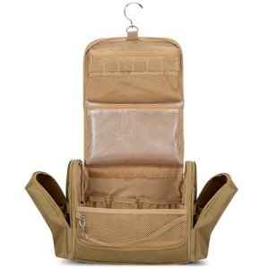 Prokva Tactical Toiletry Travel Bag for Men, Hanging Dopp Kit Hygiene Bag Shower Organizer with Hook for Toiletries and Shaving Care, Khaki (Empty Bag)
