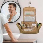 Prokva Tactical Toiletry Travel Bag for Men, Hanging Dopp Kit Hygiene Bag Shower Organizer with Hook for Toiletries and Shaving Care, Khaki (Empty Bag)