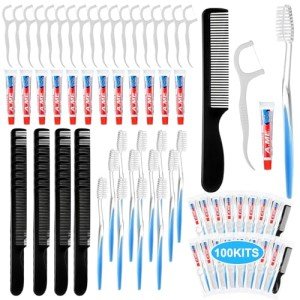 Newtay 100 Sets Disposable Toothbrushes with Toothpaste Floss and Comb for Travel Individually Wrapped, Homeless Care Package Bulk Hygiene Kits for Homeless/Hotel/shelter/Nursing Home/Charity
