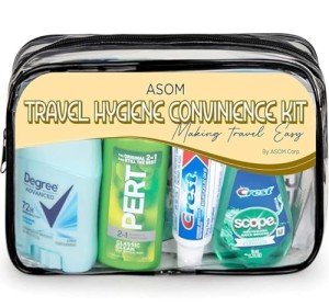 Asom Unisex Toiletry Travel Kit – 25-Piece TSA-Approved Hygiene Essentials Set with Leak-Proof Pre-Filled Bottles for Shampoo, Body Wash, Lotion and Personal Care in Clear Carry-On Bag
