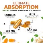 Turmeric Curcumin Supplement 1950mg with Organic Turmeric & Ginger, 95% Curcuminoids, BioPerine Black Pepper for Best Absorption, Nature's Vegan Joint Support, Non-GMO, Bottled in USA - 240 Capsules