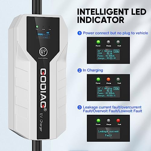 Godiag EV101 Portable EV Charger Level 1+2, 8/10/13/16Amp Adjustable Electric Car Charger, 110V-240V 3.5KW 20ft Plug-in Hybrid EV Charger
