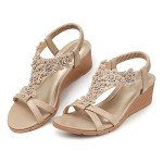 TEMOFON Women's Dressy Casual Wedge Sandals - Nude