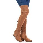 Brown Suede Thigh High Block Heel Boots