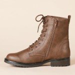 Cognac Lace-Up Combat Boots for Women, Size 8.5