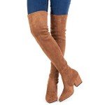 Brown Suede Thigh High Block Heel Boots