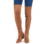 Brown Suede Thigh High Block Heel Boots