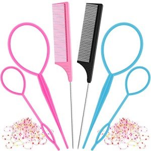 6Pcs Hair Loop Tool Set with 4 Hair Tail Tools French Braid Tool Loop 2 Metal Pin Rat Tail Comb for Hair Styling, 100 Colored Children Rubber Bands. Schembo, 108 Piece Set