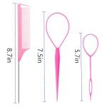Luumxai 9pcs Topsy Hair Tail Tool and rat tail comb set,6pcs French Braiding Tool ring,3Pcs Metal Parting Combs,Woman Girl Hair Styling (Pink,Purple, Black)