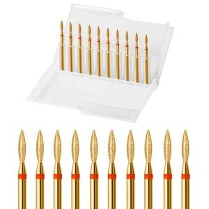 ERUIKA 10pcs Diamond Flame Titanium Cuticle Drill Bits Set, Professional Cuticle Nail Drill Bits for Dead Skin 3/32'' Nails Dry Manicure Pedicure Shape Remove Nail Salon Tools(Gold, Fine-F)