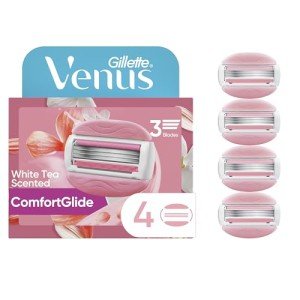 Gillette Venus ComfortGlide White Tea Women's Razor Refills, 4 Refill Cartridges, Fits Venus Reusable Razor Handles, 3-Bladed with Built-in Shave Gel Bars