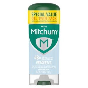 Mitchum Men's Deodorant, Antiperspirant, Triple Odor Defense Gel Stick, 48 Hr Protection, Dermatologist Tested, Alcohol Free, Unscented, 3.4 Oz (Pack of 2)